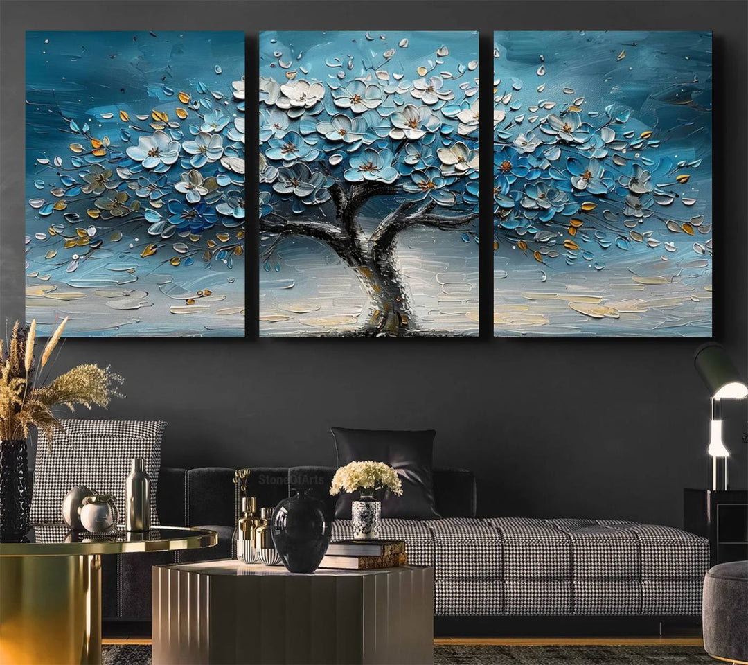 Abstract Blooming Tree Wall Art Print features blue, white, and gold textures on museum-quality canvas, perfect for modern decor.