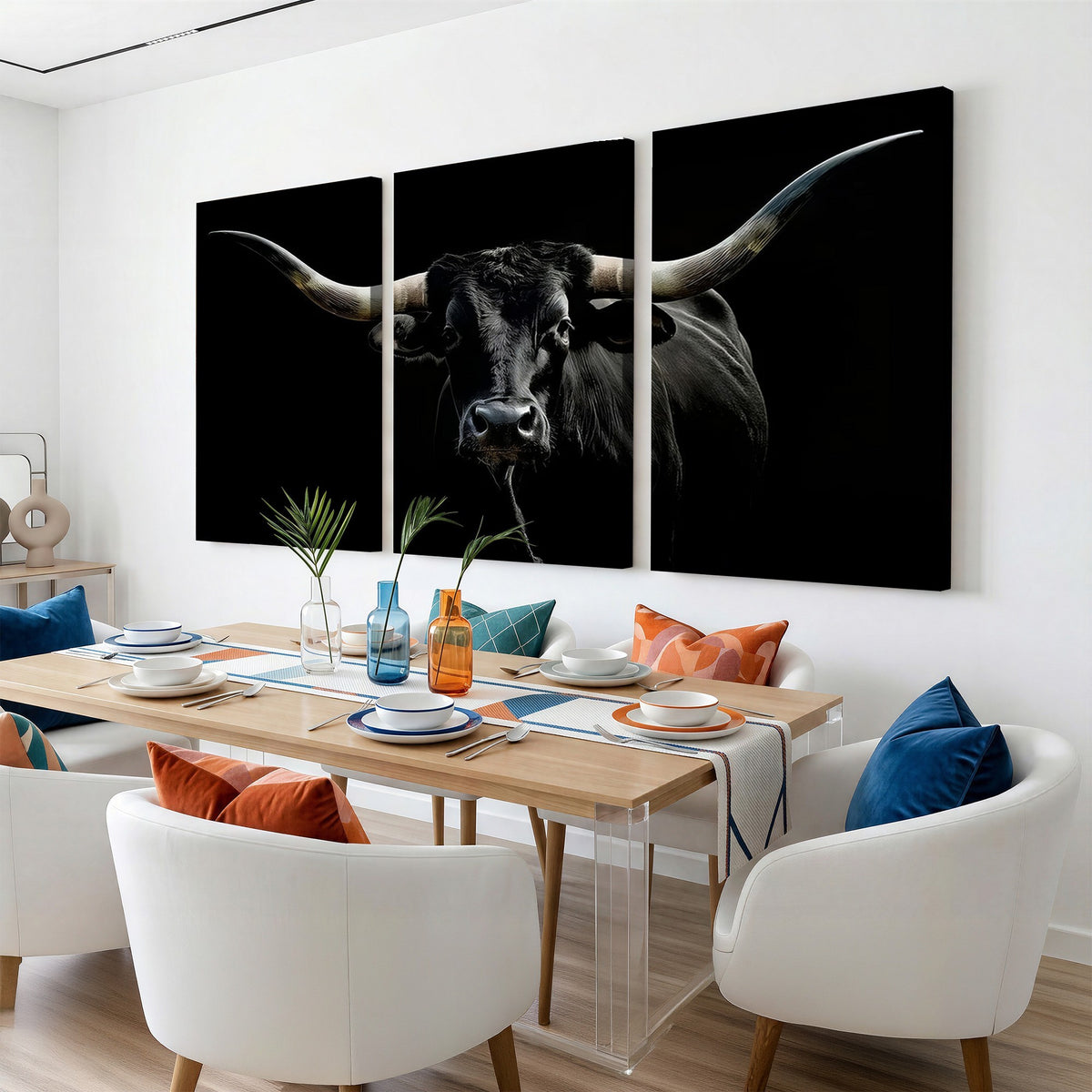 20679-MGV-CV-24X16 - Texas Black Longhorn Bull Wall Art Canvas Print, Western Cattle Rustic Decor