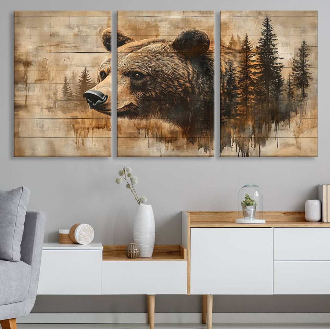 Abstract Rustic Grizzly Bear Wall Art Canvas Print - Woodland Wildlife Forest Print for Farmhouse Decor