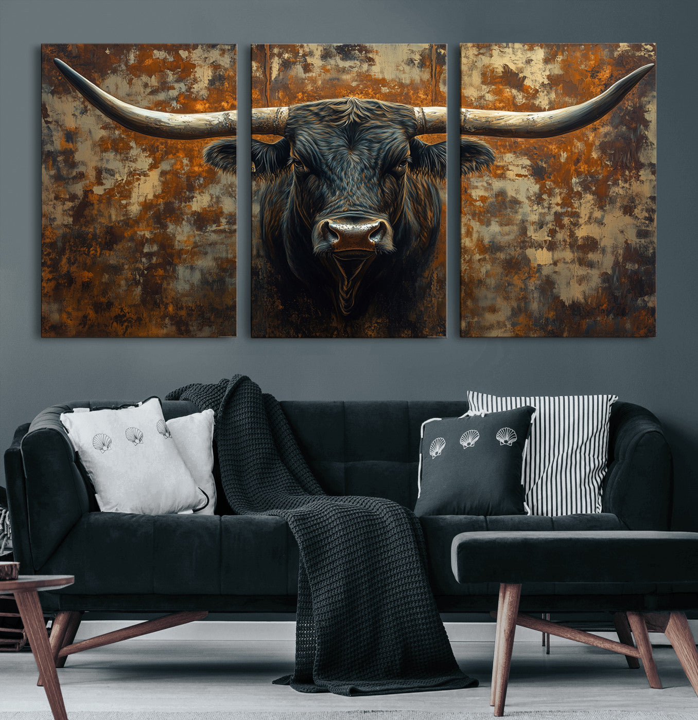 68068-MGV-CV-60X30-3P-Longhorn Texas Cow Bull Wall Art | Rustic Farmhouse Canvas Print | Ready to Hang Barn Decor for