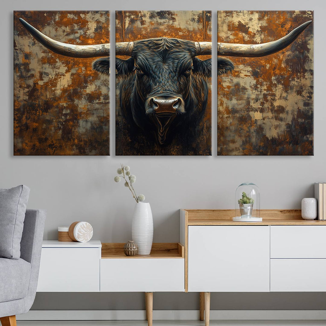 Abstract Longhorn Texas Bull Wall Art | Rustic Farmhouse Canvas Print | Ready to Hang Barn Decor for Farmhouse and Cabin Style