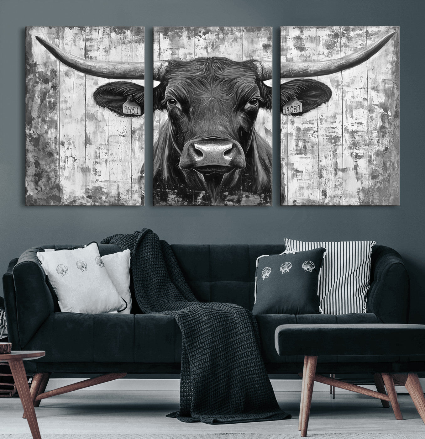 MGV-CV-60X30-3P - Abstract Longhorn Bull Wall Art Canvas Print - Rustic Texas Western Cow Artwork