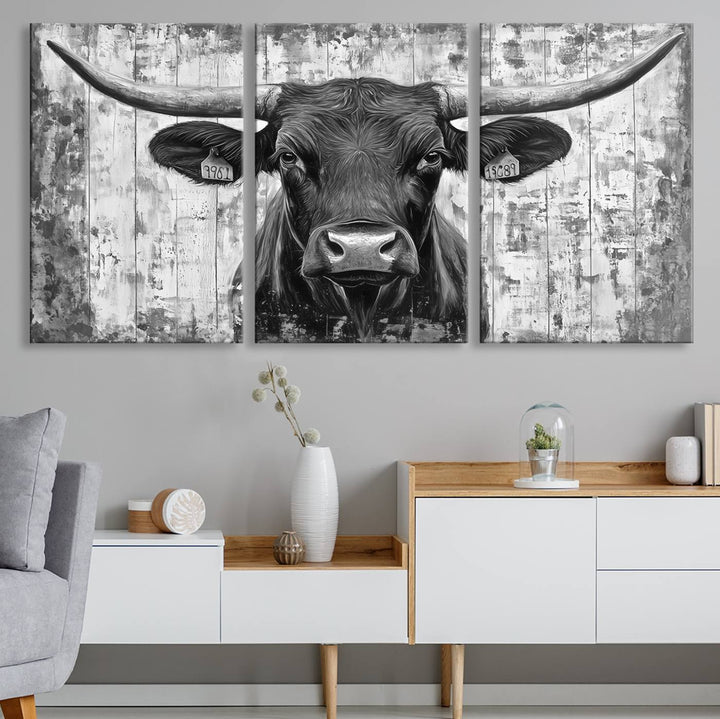 Abstract Longhorn Bull Wall Art Canvas Print - Rustic Texas Western Cow Artwork