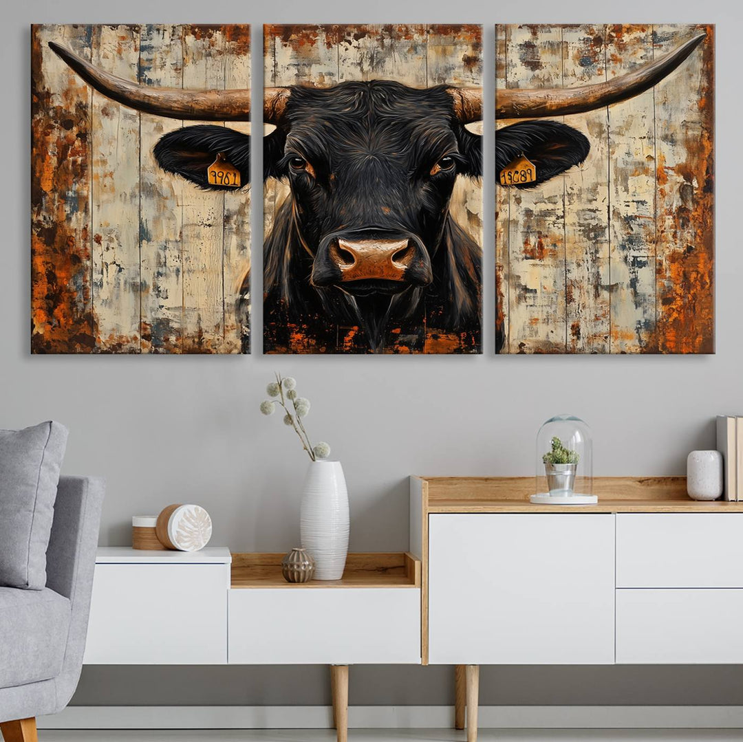 Abstract Cow Longhorn Bull Wall Art Canvas Print - Rustic Texas Western Cattle Artwork