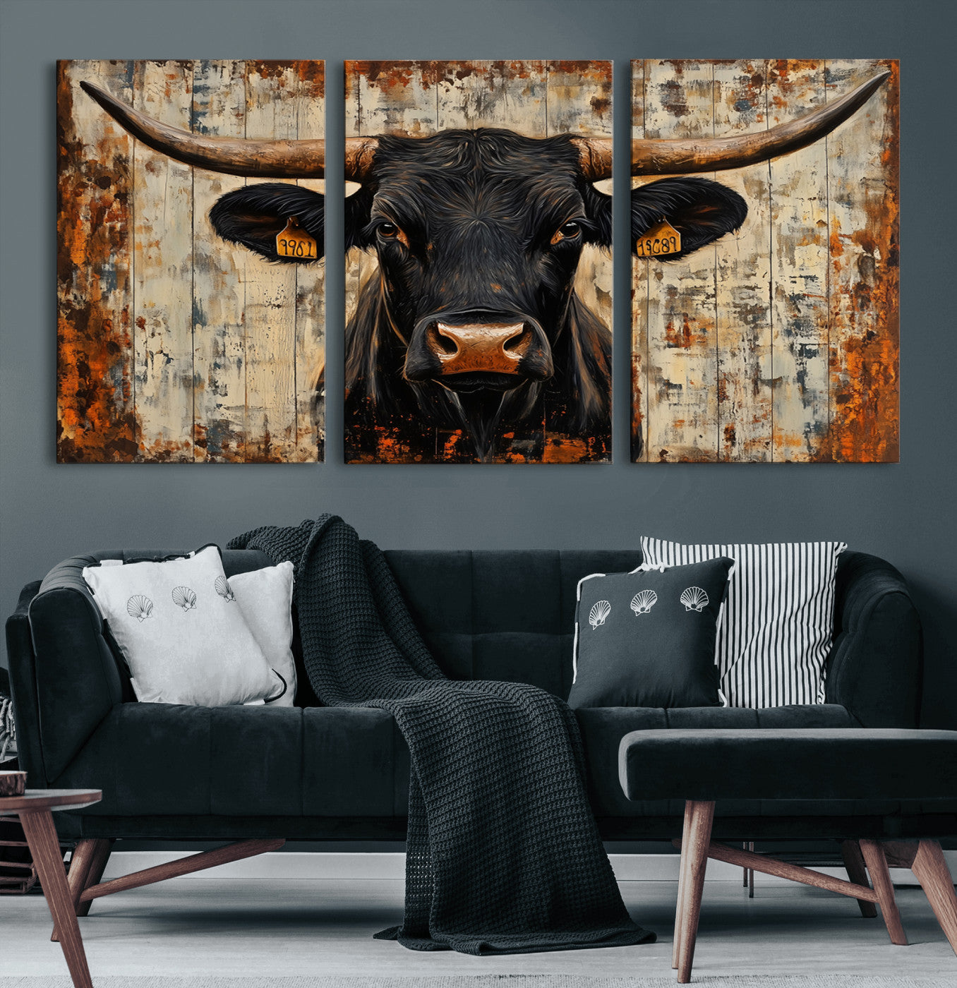 MGV-CV-60X30-3P - Rustic Texas Artwork Wall Art Canvas Print - Abstract Cow Longhorn Bull Wall Art Canvas Print