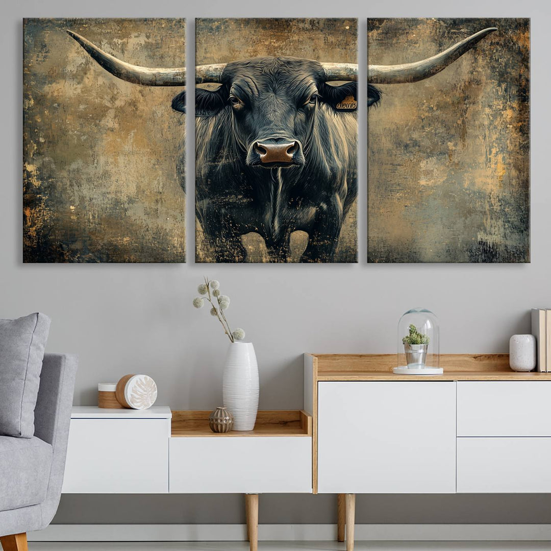 Abstract Cow Longhorn Bull Wall Art Canvas Print - Rustic Texas Western Cattle Artwork