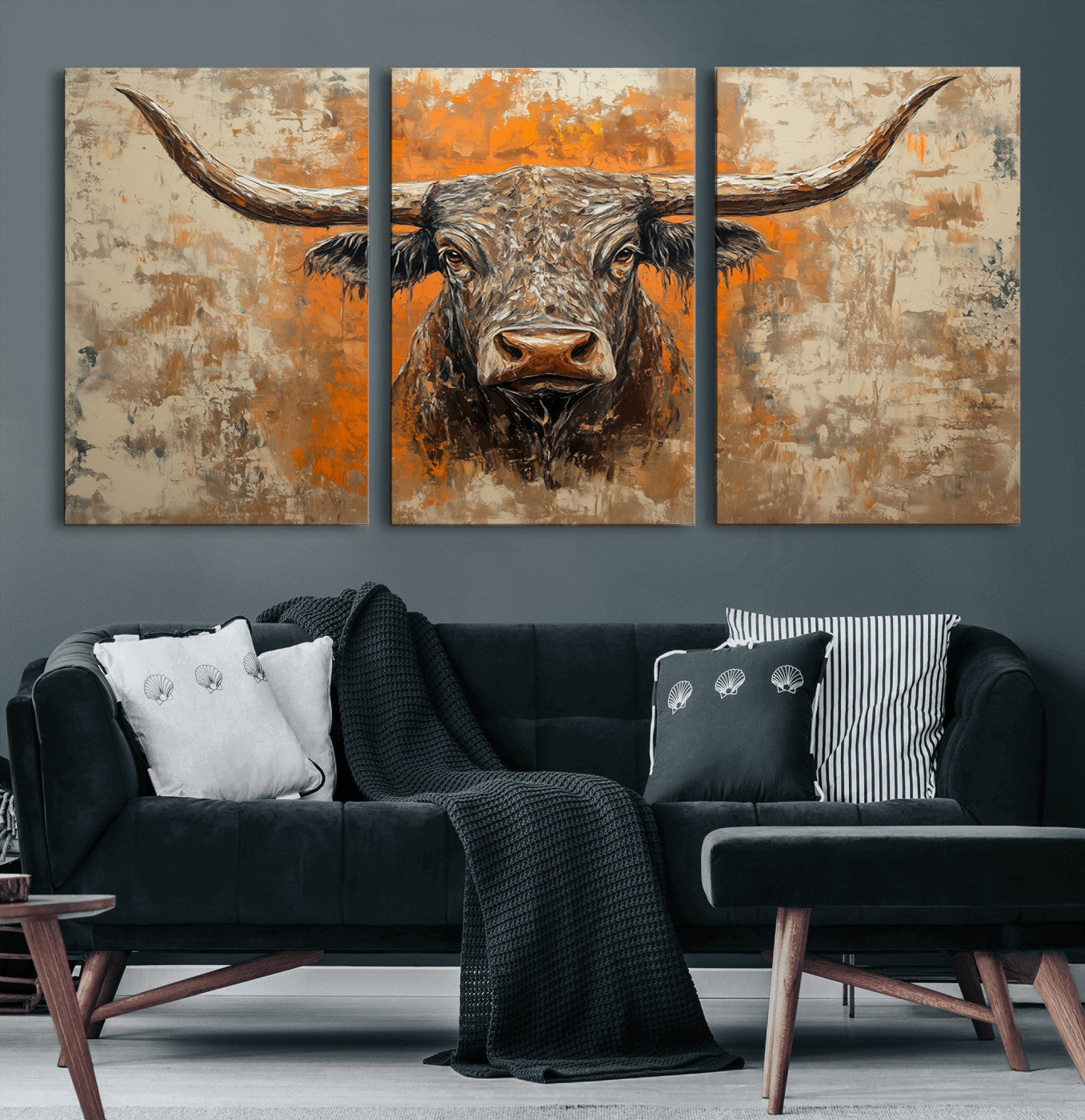 49976-MGV-CV-60X30-3P-Abstract Cow Longhorn Bull Wall Art Canvas Print - Rustic Texas Western Cattle Artwork