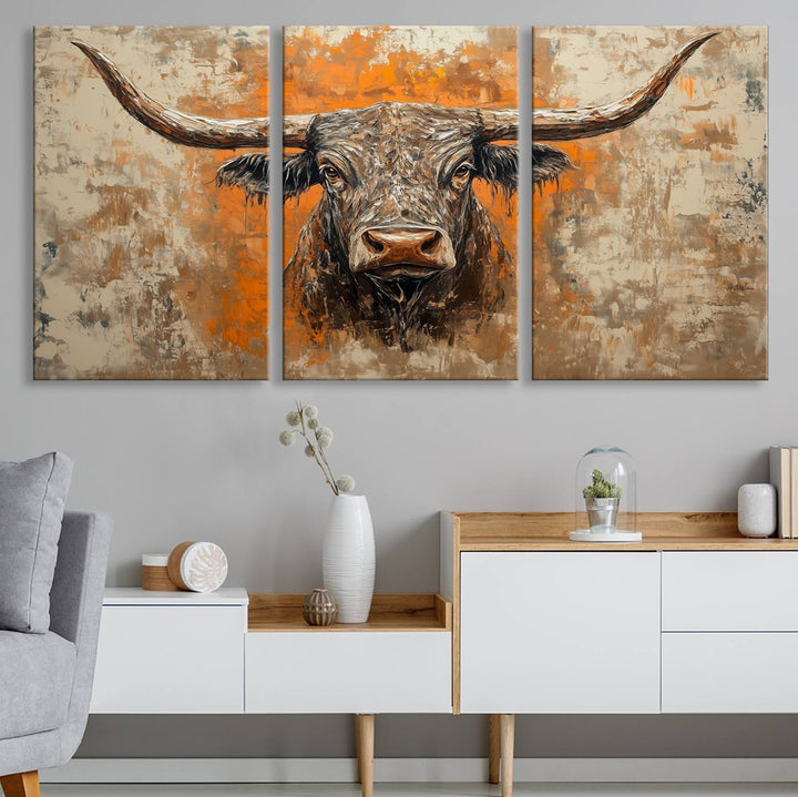 Abstract Cow Longhorn Bull Wall Art Canvas Print - Rustic Texas Western Cattle Artwork