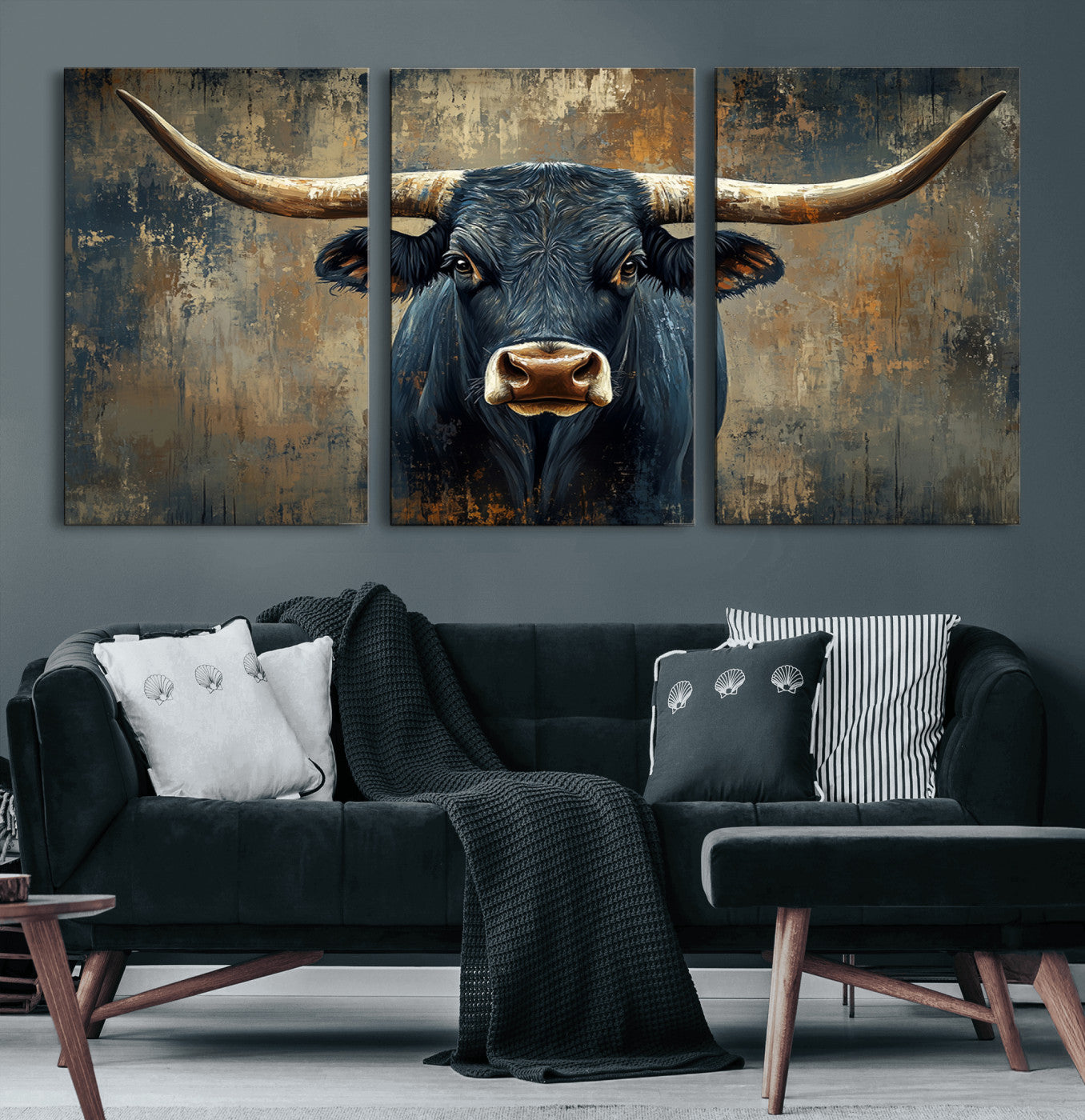 MGV-CV-60X30-3P - Texas Western Wall Art Canvas Print - Abstract Cow Longhorn Bull Wall Art Canvas Print - Rustic Cow