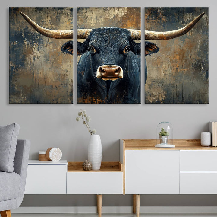 Abstract Cow Longhorn Bull Wall Art Canvas Print - Rustic Texas Western Cattle Artwork