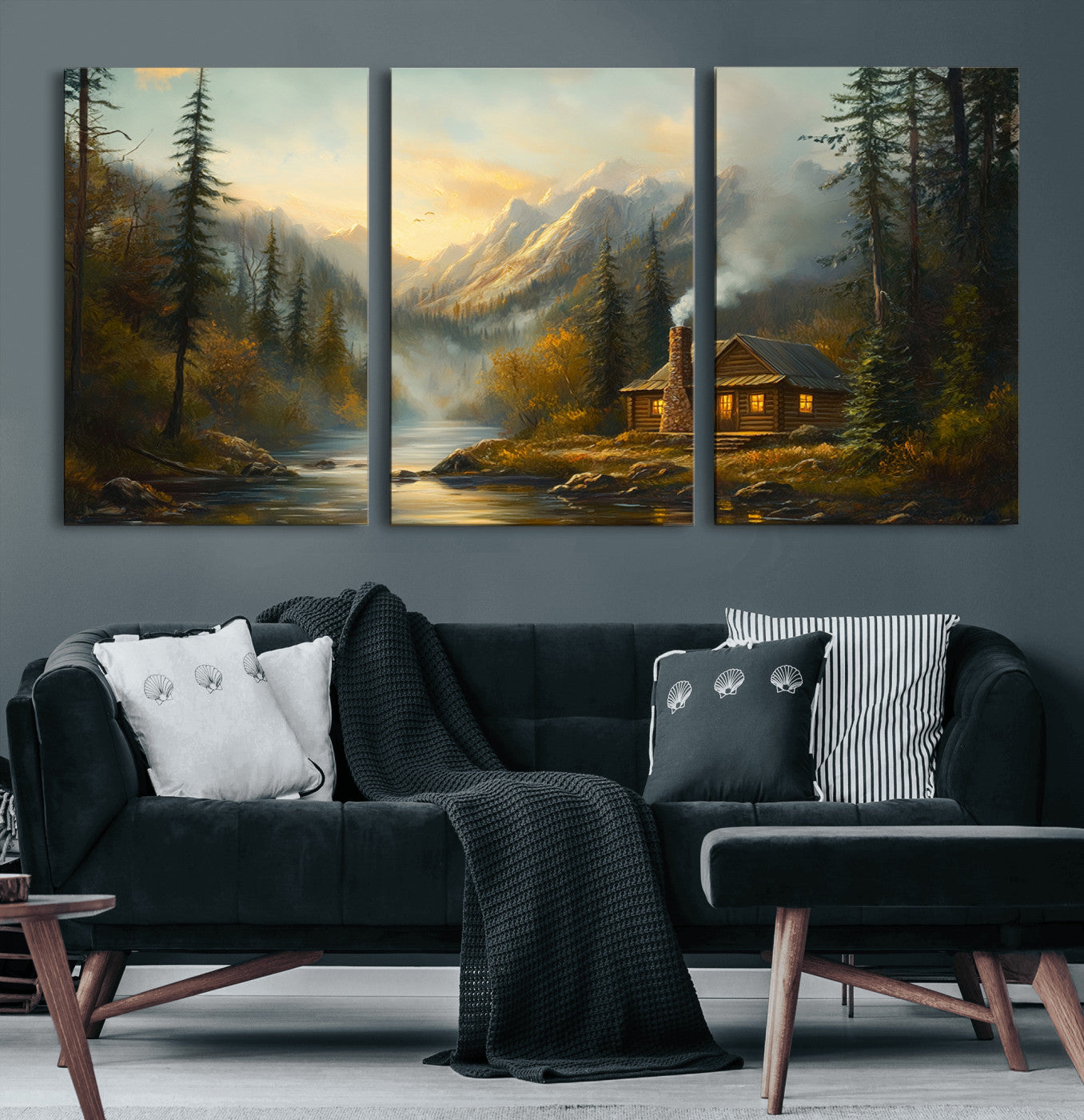 76464-MGV-CV-60X30-3P-Wood Cabin Retreat Mountain at Sunset Wall Art Print - Serene Forest and River Landscape Wall Art