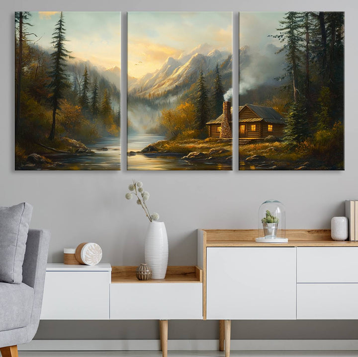 Wood Cabin Retreat Mountain at Sunset Wall Art Print - Serene Forest and River Landscape Wall Art Canvas Print