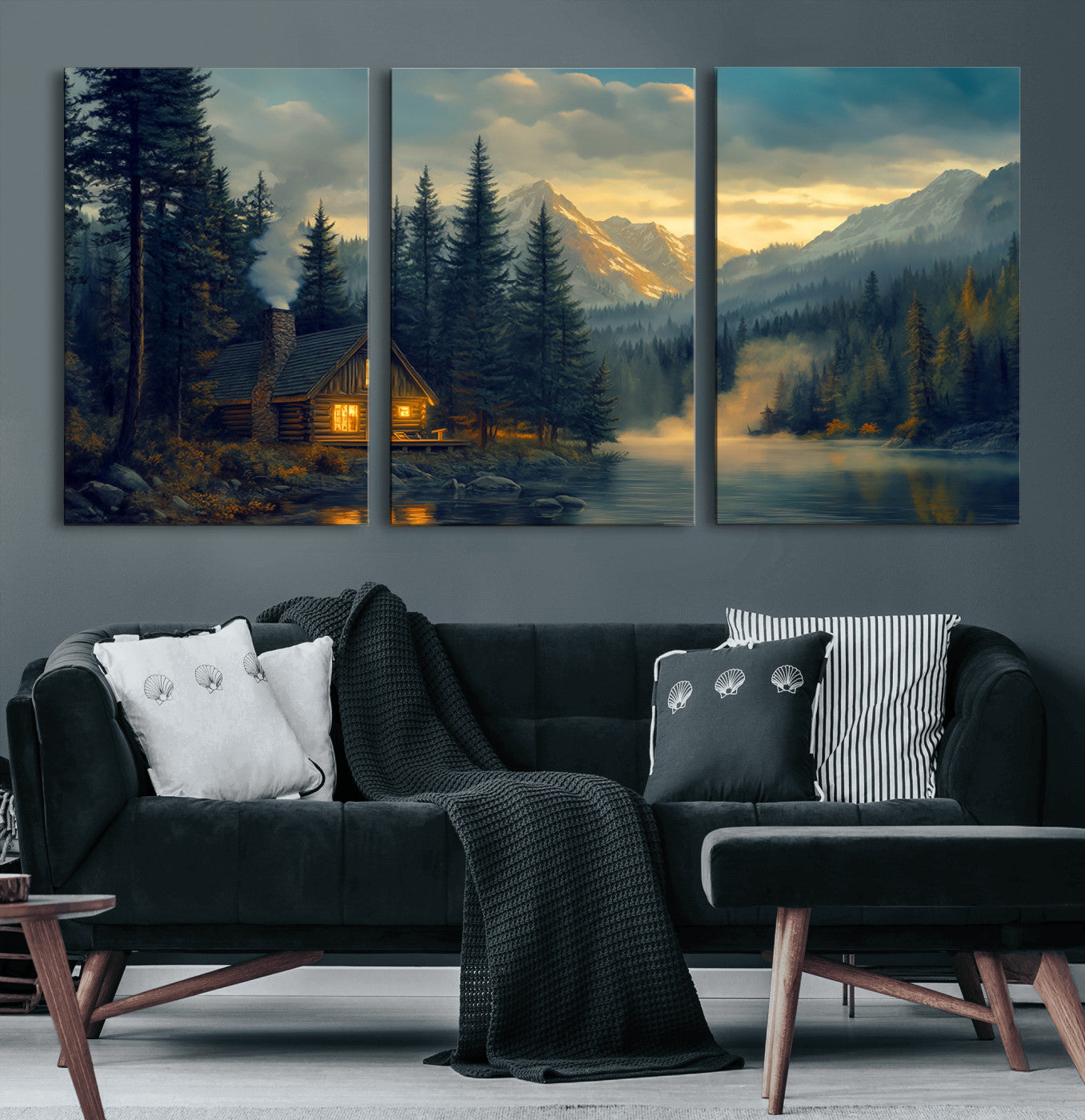 MGV-CV-60X30-3P - Mountain Cabin by the Lake at Sunset Wall Art - Serene Nature Canvas Print for Living Room Decor,