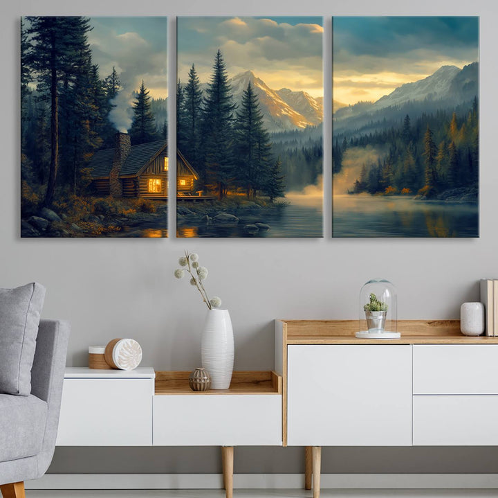 Mountain Cabin by the Lake at Sunset Wall Art - Serene Nature Canvas Print for Living Room Decor, Rustic Lodge Ambiance, 3-Panel Large Wall Art