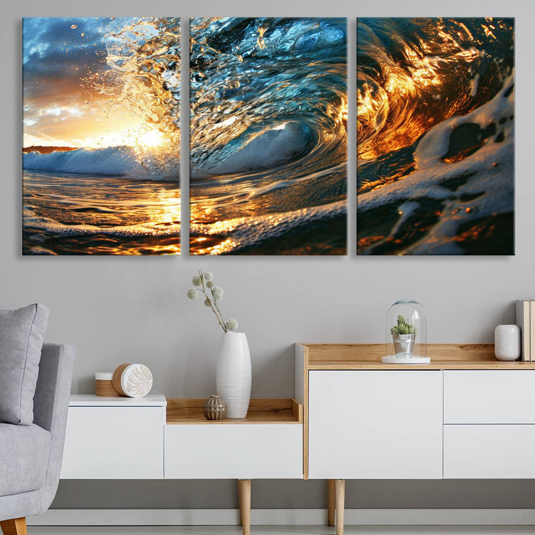 Ocean Wave at Sunset Wall Art | Ready to Hang Triptych Canvas Print | Coastal Wall Art for Living Room | Nautical and Beach House Decor