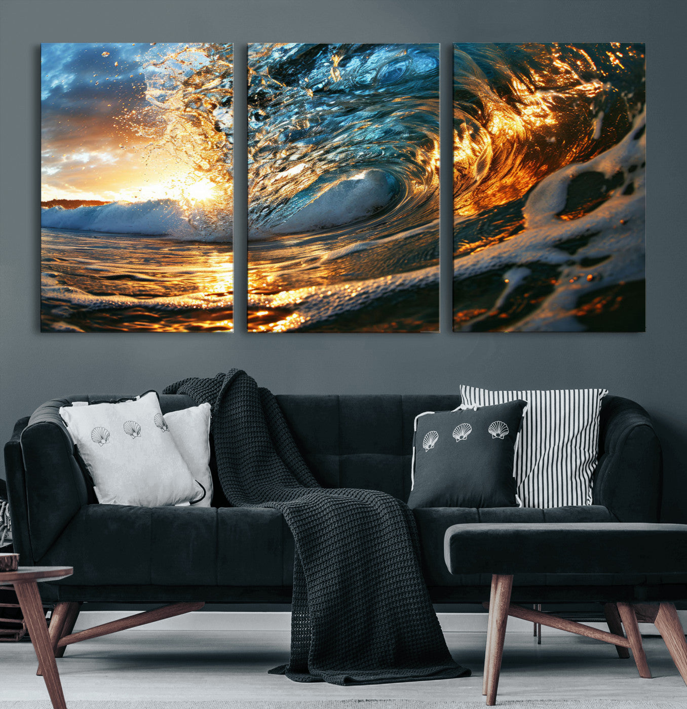 MGV-CV-60X30-3P - Ocean Wave at Sunset Canvas Wall Art – Vibrant Coastal Beach Waves Print, Large Nautical Decor,