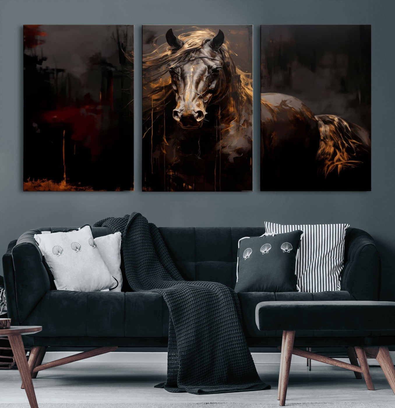 40932-MGV-CV-60X30-3P-Abstract Black Horse Canvas Print for Farmhouse Wall Art | Abstract Equine Wall Art | Western Decor