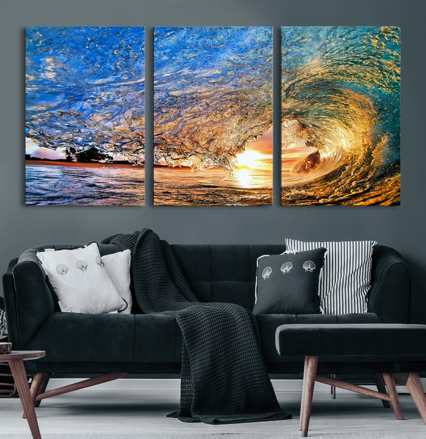 84627-MGV-CV-60X30-3P-Ocean Wave at Sunset Canvas Wall Art – Vibrant Coastal Beach Waves Print, Large Nautical Decor,
