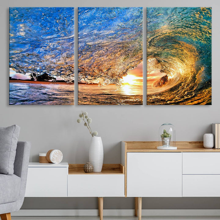 Ocean Wave at Sunset Canvas Print | Large Coastal Ocean Wall Art Print | Vibrant Beach Waves Art Print | Surf Lover Gift | Nautical Decor