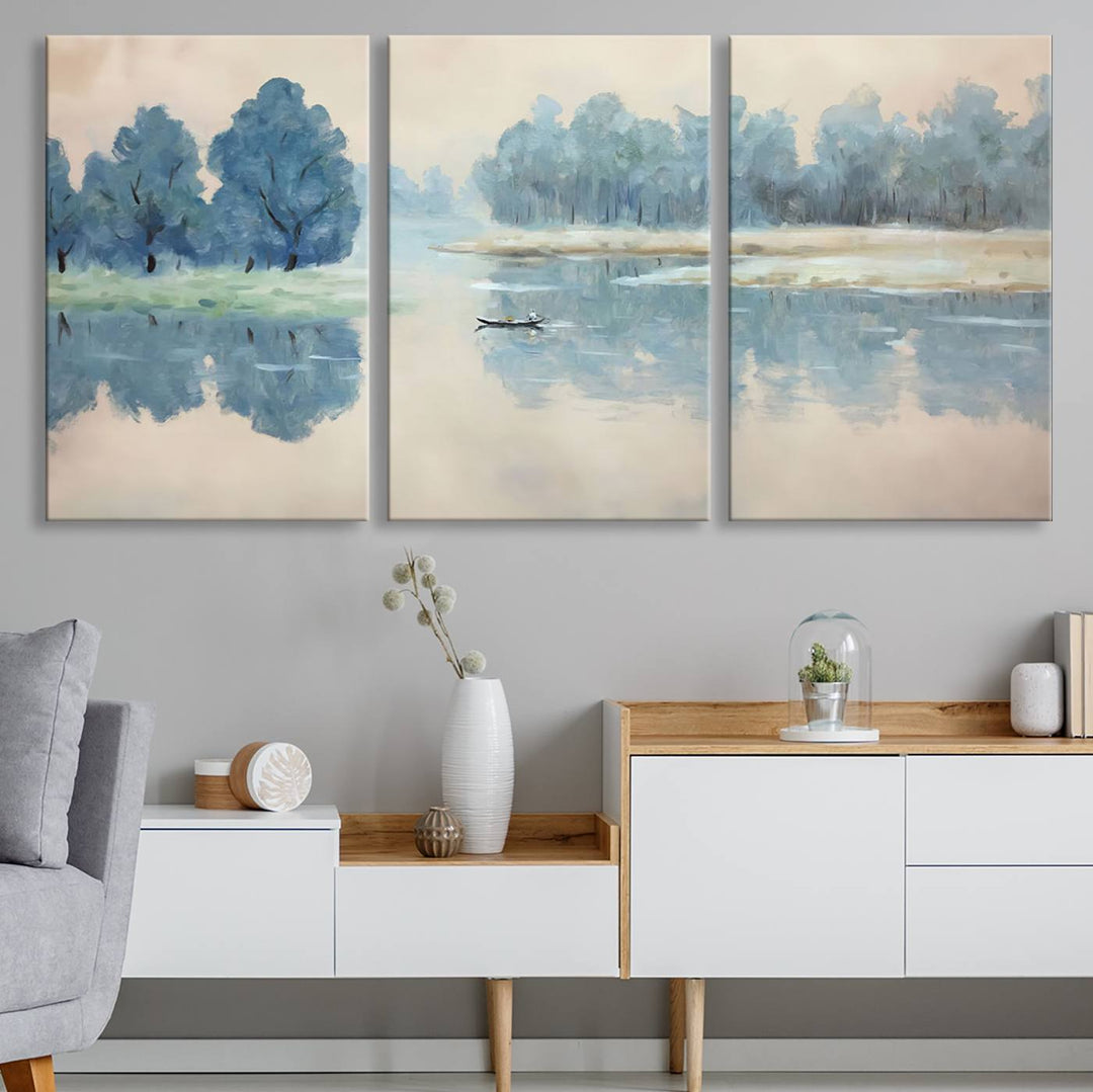 Landscape Printing Lake and Boat Scene | Serene Landscape Wall Art for Nature Lovers | Ready to Hang Triptych Canvas Print | Peaceful Blue Trees and Water Reflection Decor