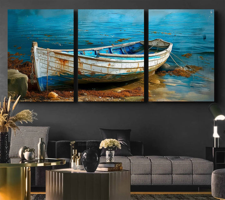 Vintage Boat on Tranquil Waters | Coastal Wall Art for Nautical Decor | Rustic Triptych Canvas Print | Beach House Art for Coastal Home Decor