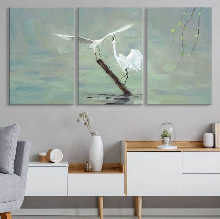 Elegant White Herons on Calm Waters | Coastal Wall Art for Nature-Inspired Decor | Serene Triptych Canvas Print | Ready to Hang Bird-Themed Art for Home Decor