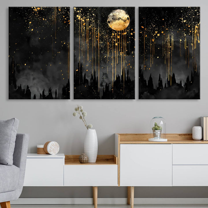 Gold Moon and Black Skyline Abstract Wall Art | Dark Modern Canvas Print with Dripping Gold Accents | Triptych Contemporary Homes