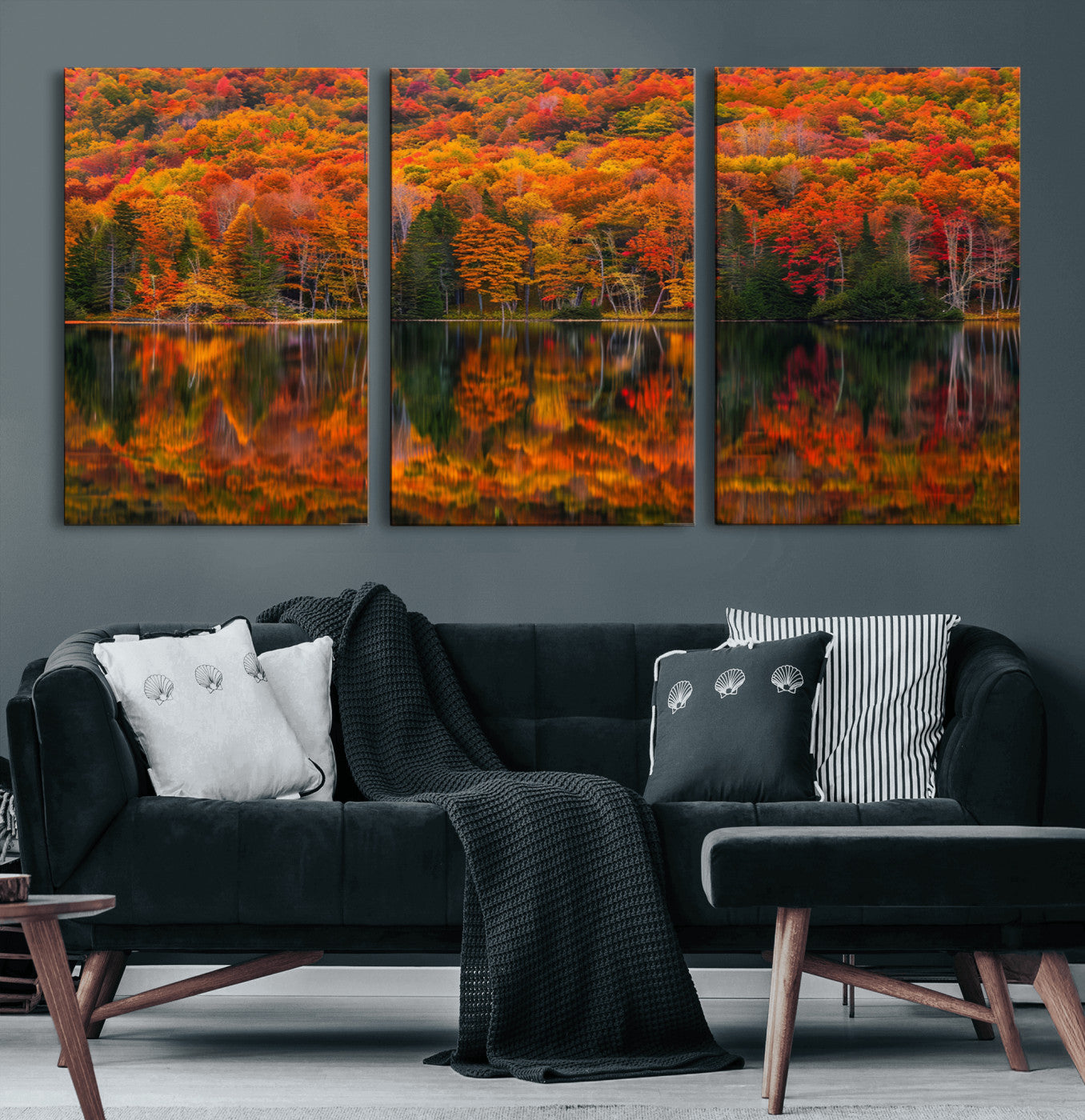 MGV-CV-60X30-3P - Fall Foliage Wall Art - Autumn Reflection Canvas Print, Stunning Fall Foliage Wall Art, Serene Lake