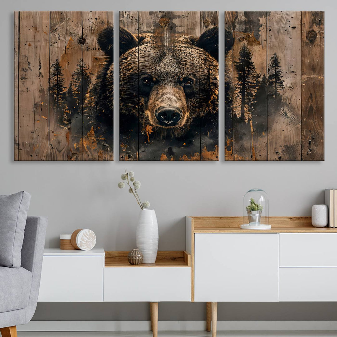 Rustic Bear Wall Art | Triptych Canvas Print | Rustic Cabin Wall Decor | Forest-Inspired Animal Art | Perfect for Farmhouse or Woodland Print