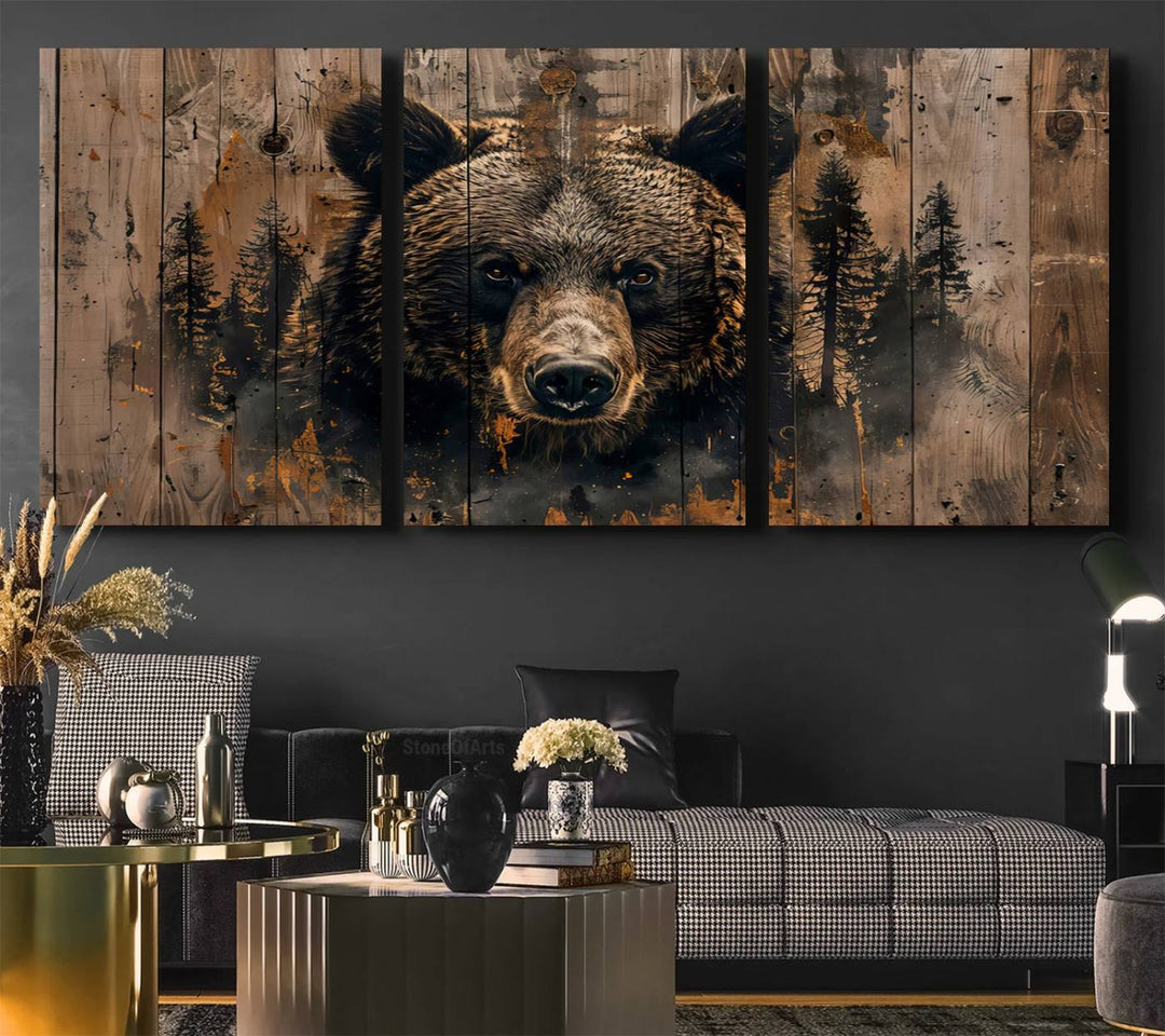 Rustic Grizzly 399 Wall Art is showcased against wood panels with forest silhouettes.