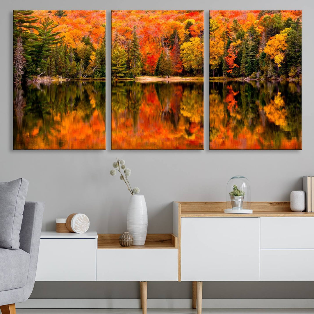 Autumn Forest Reflection Wall Art | Triptych Canvas Print | Vibrant Fall Foliage Wall Decor | Nature-Inspired Cabin Wall Art for Living Room