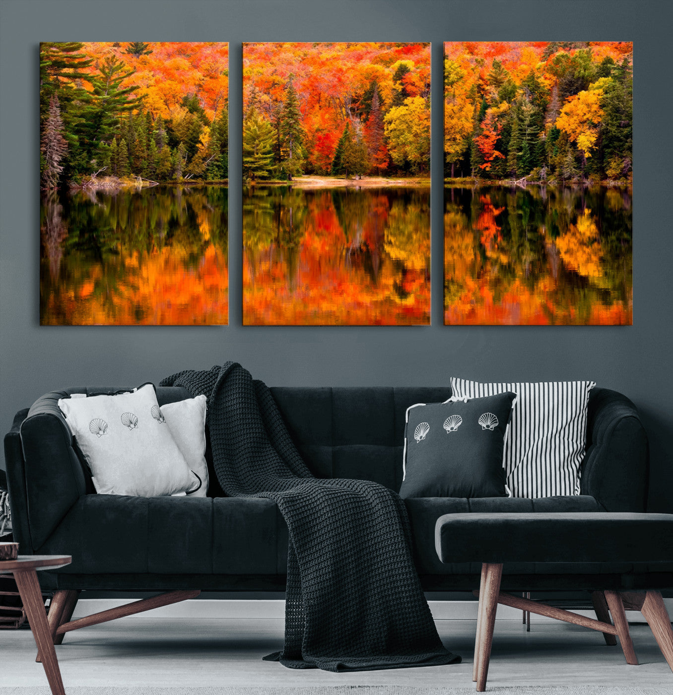 MGV-CV-60X30-3P - Forest Reflection Art | Autumn Forest Reflection Wall Art | Triptych Canvas Print | Vibrant Fall