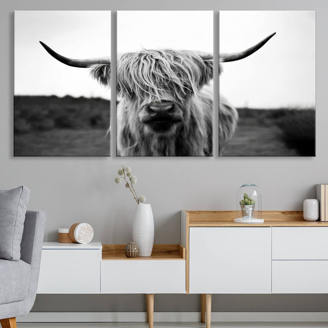 Highland Cow Wall Art | Black and White Farmhouse Decor | Ready to Hang Triptych Canvas Print | Rustic Barn Decor | Scottish Highland Cattle Art Print