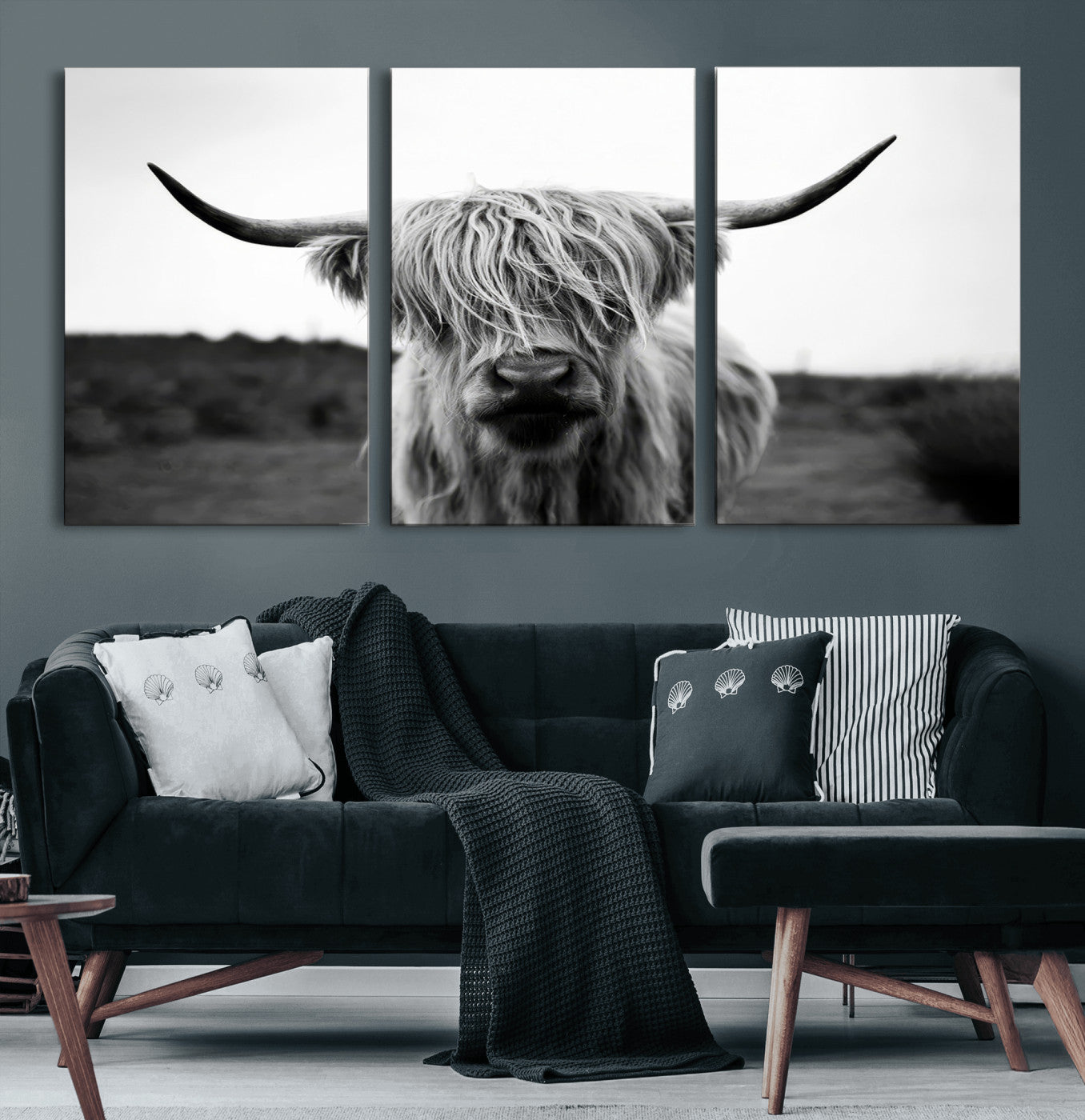MGV-CV-60X30-3P - Highland Cow Wall Art | Black and White Farmhouse Decor | Triptych Canvas Print | Rustic Barn Decor