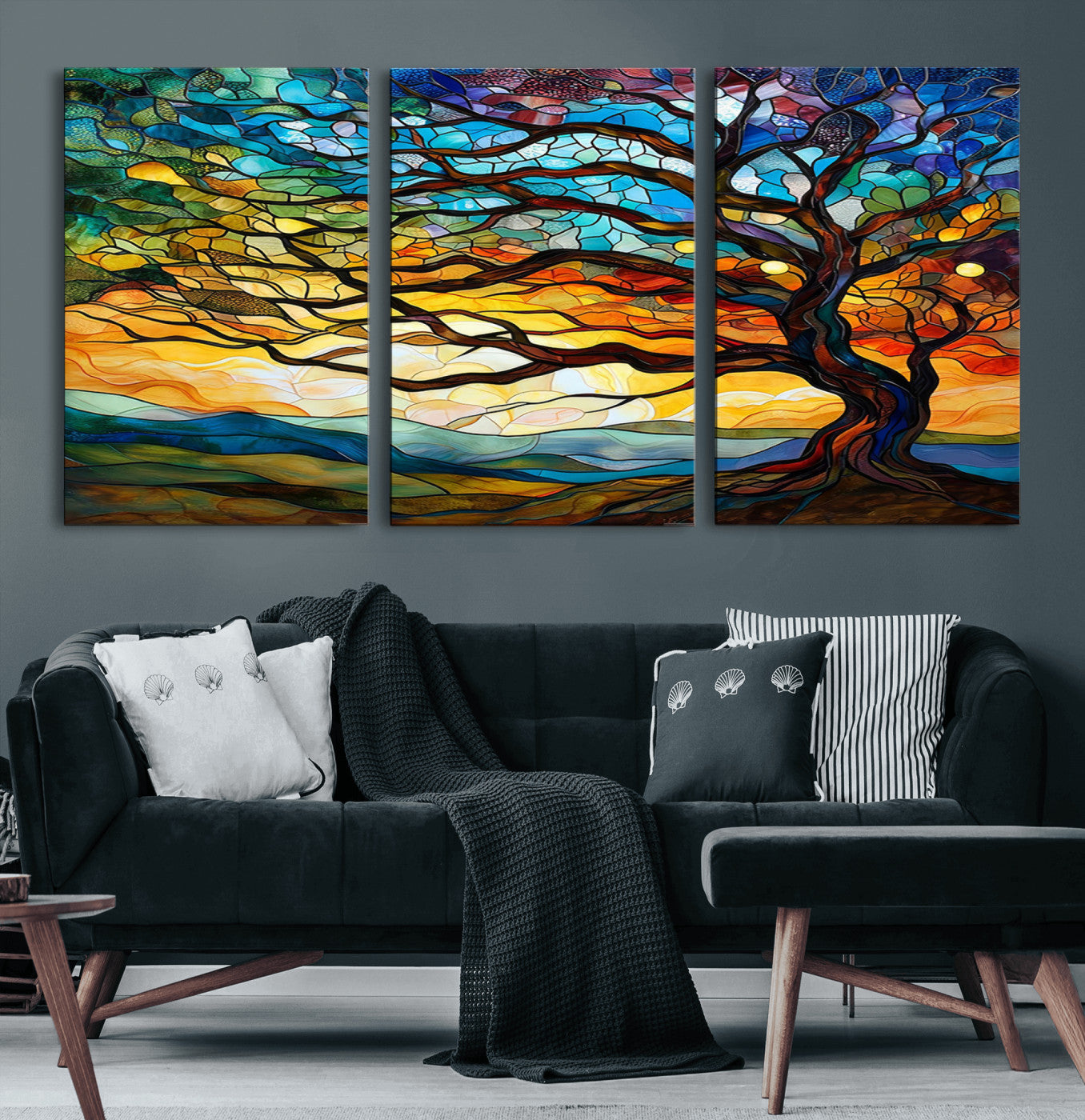MGV-CV-60X30-3P - Vibrant Mosaic Tree of Life Wall Art | Stained Glass Style Canvas Print | Ready to Hang Artistic