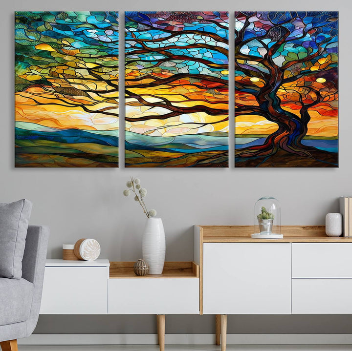 Vibrant Mosaic Tree of Life Wall Art | Stained Glass Style Canvas Print | Ready to Hang Artistic Decor