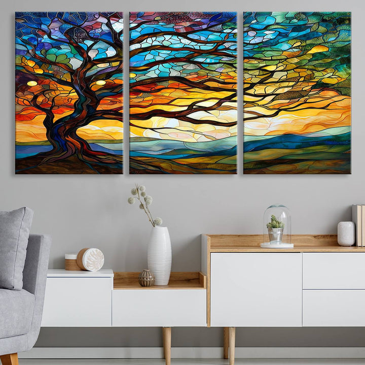 Mosaic Tree Wall Art | Ready to Hang Stained Glass Style Canvas Print | Farmhouse Wall Decor, Cabin Wall Art, and Unique Nature Home Decor