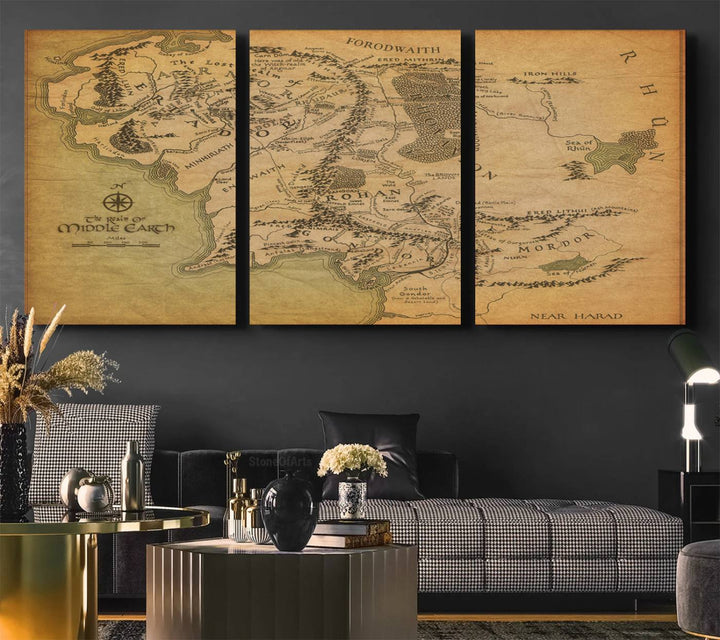Vintage J.R.R. Tolkien Middle-Earth Map 3 Panel Canvas, perfect as wall art for home or office decor.