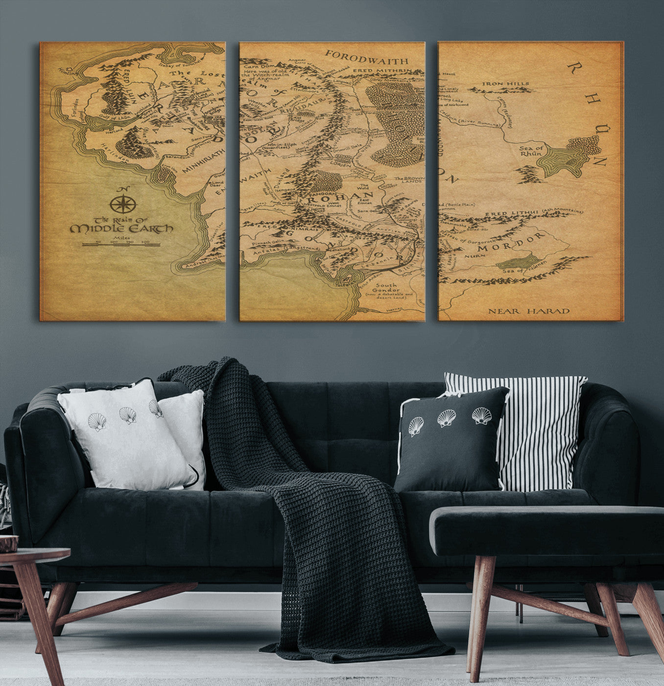 65656565-MGV-CV-60X30-3P-Middle Earth Map Canvas Wall Art – Vintage Fantasy Map Print, Decor for Home Library or Office