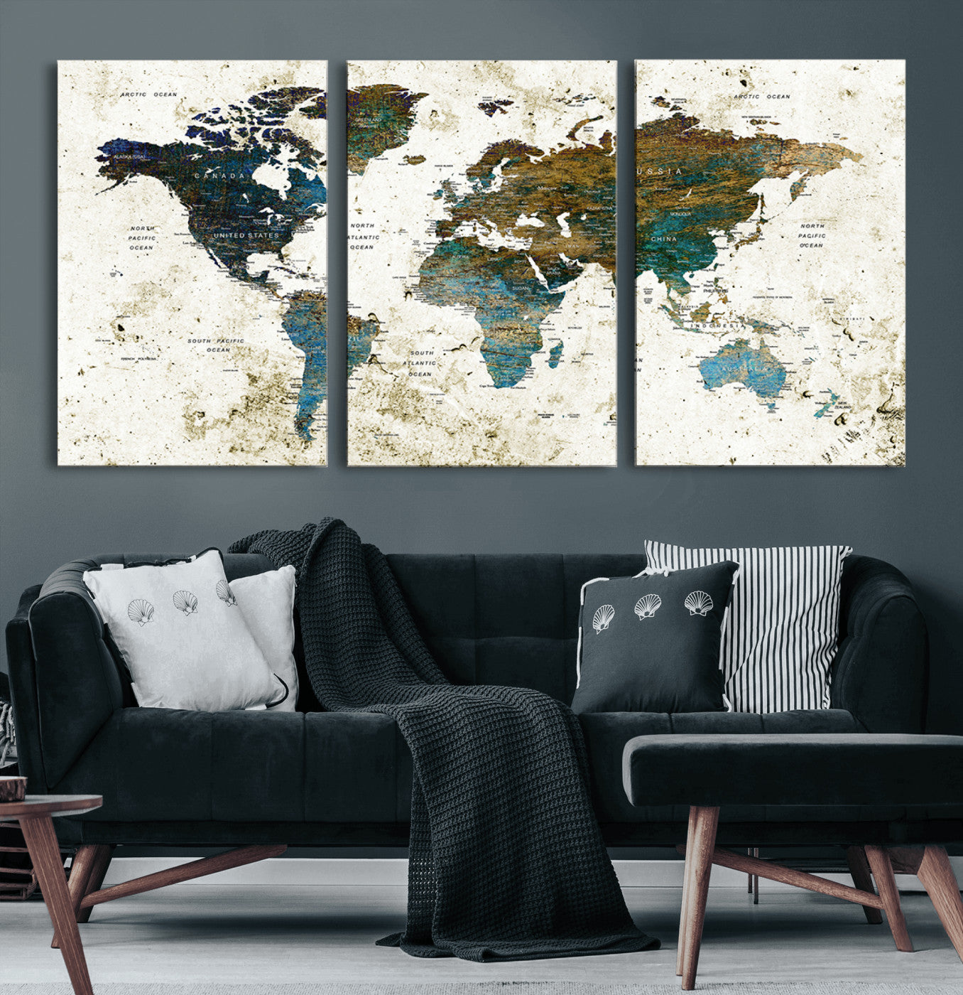 89176-MGV-CV-60X30-3P-Vintage Blue and Brown World Map Canvas Wall Art – Framed Rustic Map Print, Earth Tone Travel Decor for Stylish Home and Office Walls