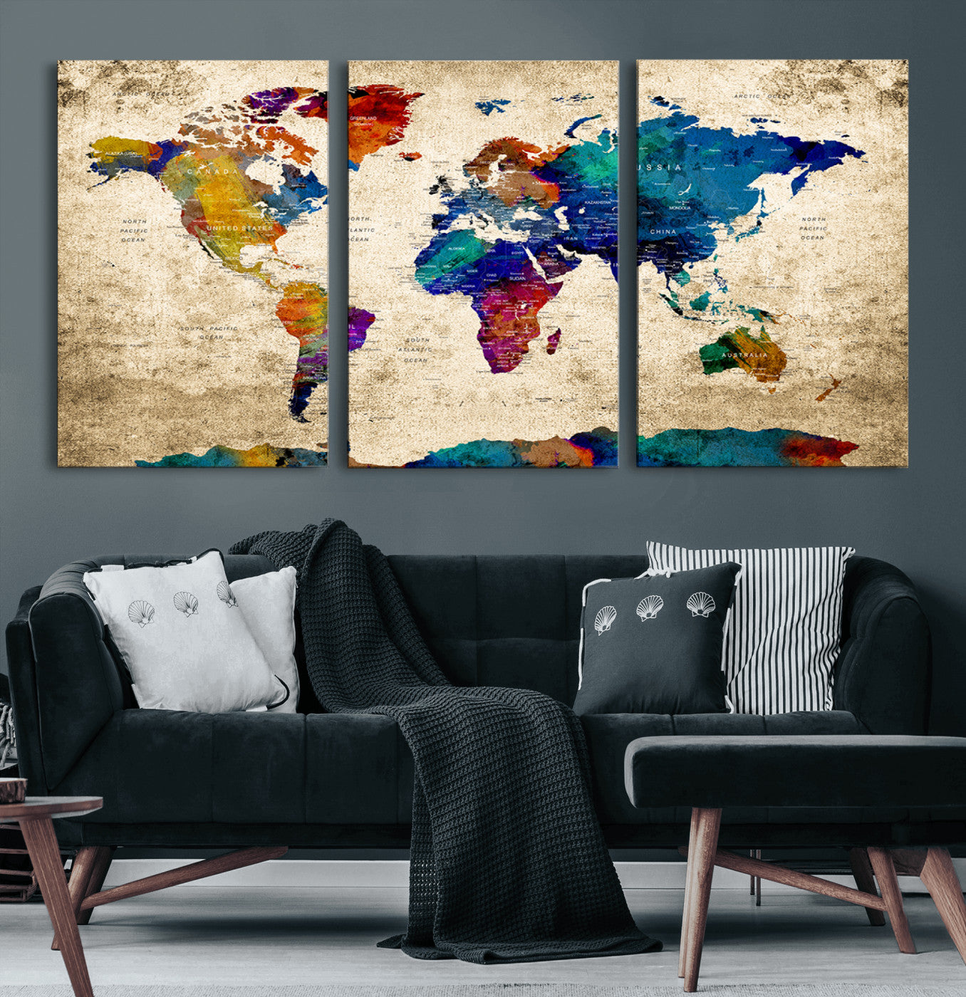 MGV-CV-60X30-3P - Push Pin World Map Canvas Print – Framed Wall Art for Couples to Track Their Travels – Anniversary