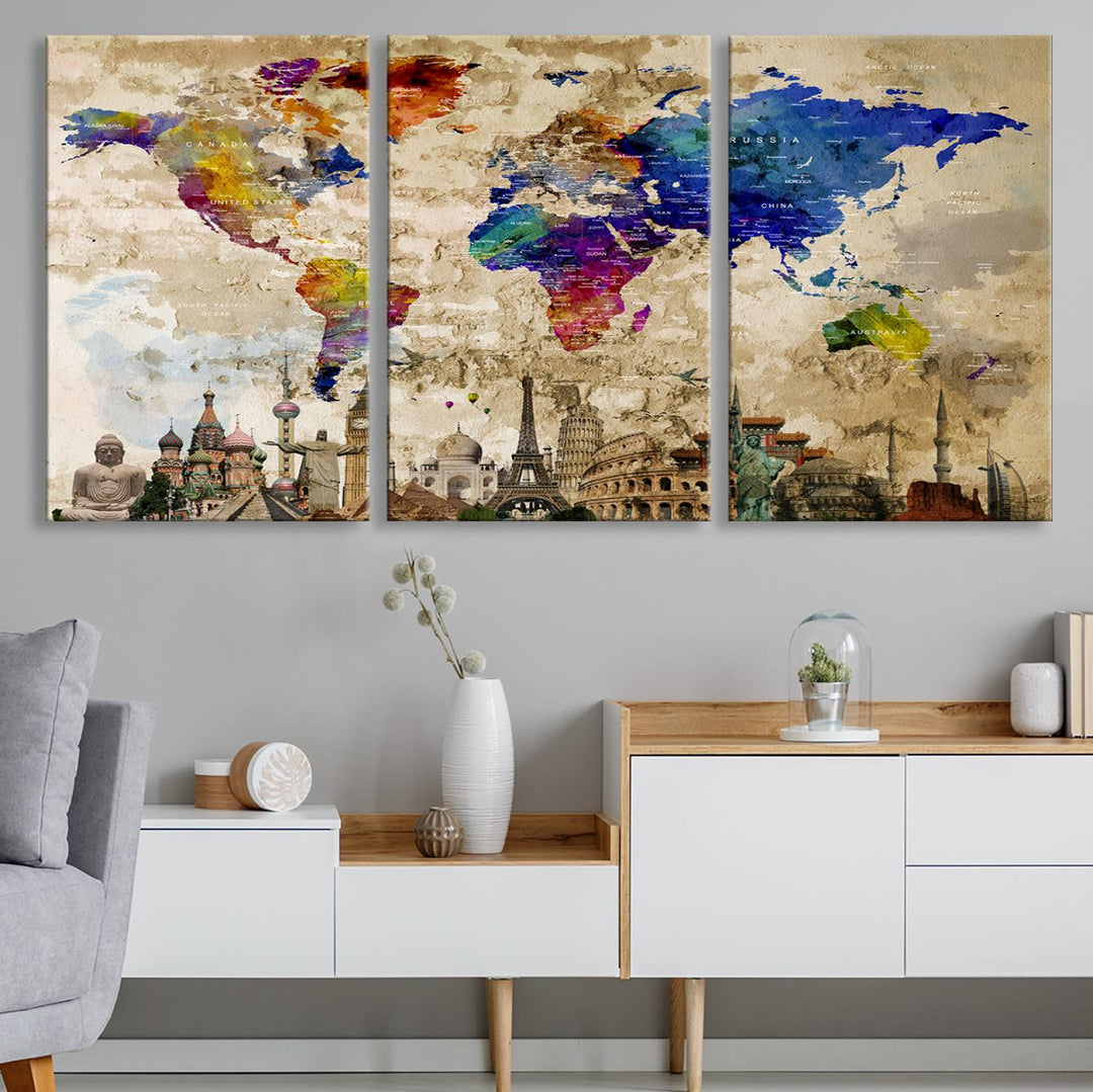 Artistic world map featuring landmarks like the Eiffel Tower, printed on premium wall art for office or living space.