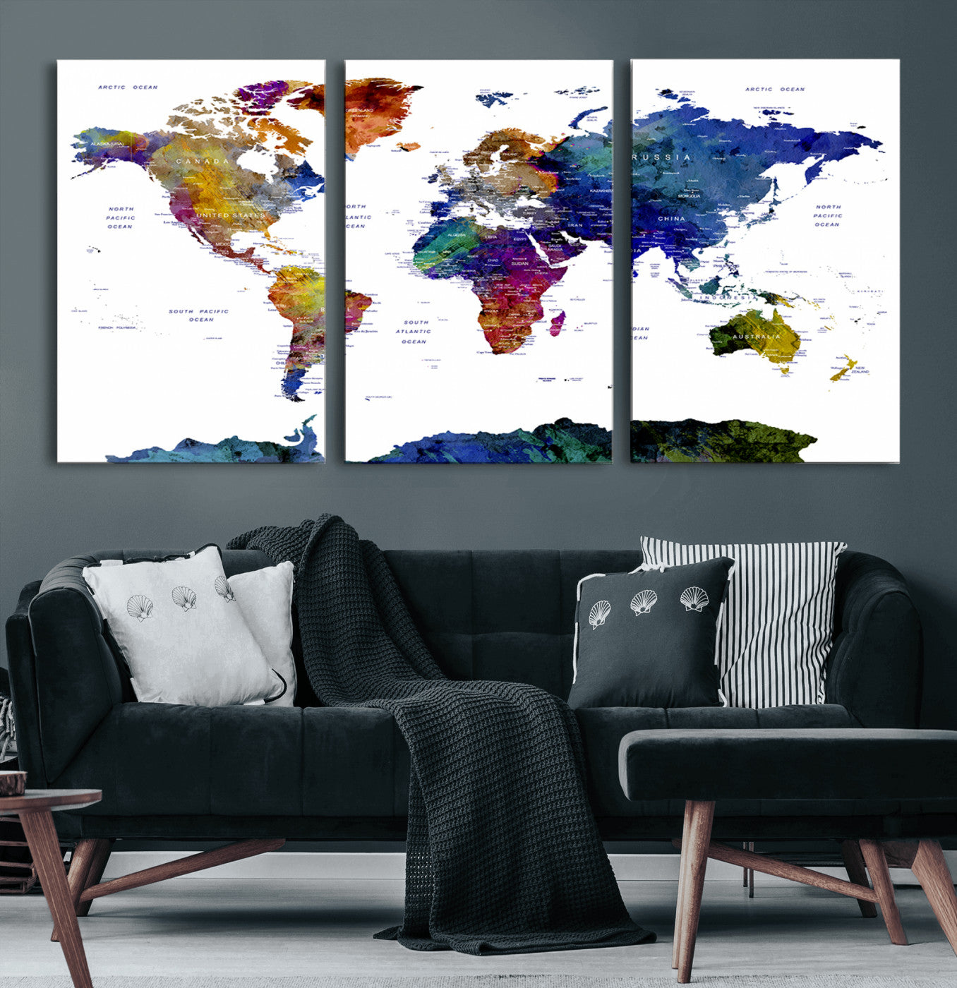 90446-MGV-CV-60X30-3P-Colorful Watercolor World Map Canvas Wall Art – Framed Modern Push Pin Travel Map for Home and Office Decor