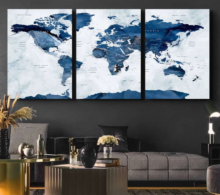 Navy Blue World Map with Antarctica Canvas: A perfect abstract home decor piece featuring a grunge-stained background.