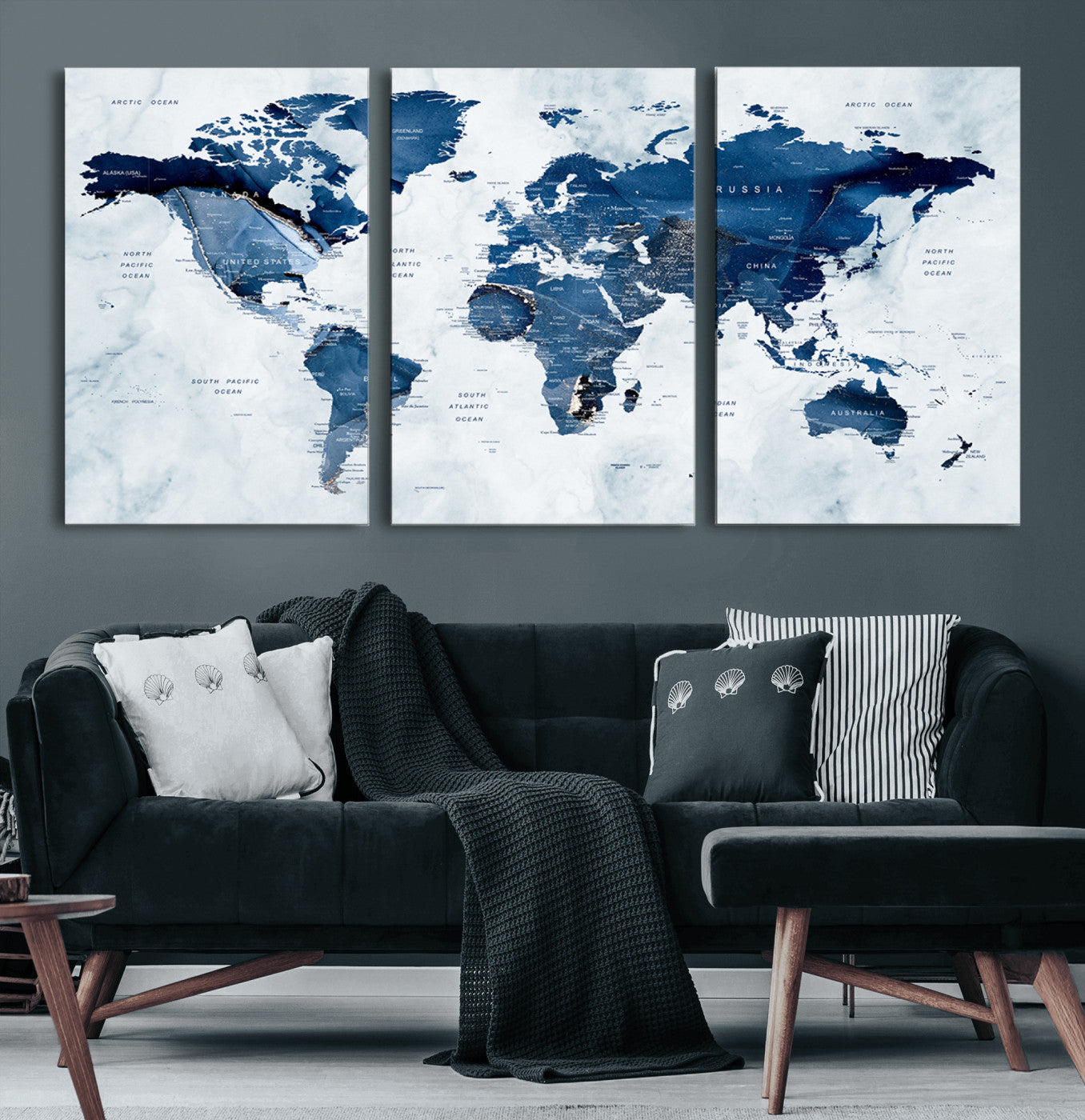 88266-MGV-CV-60X30-3P-Modern Blue Marble World Map Canvas Print – Framed Push Pin Wall Art, Elegant Travel Map Artwork for Home Office or Living Room Decor