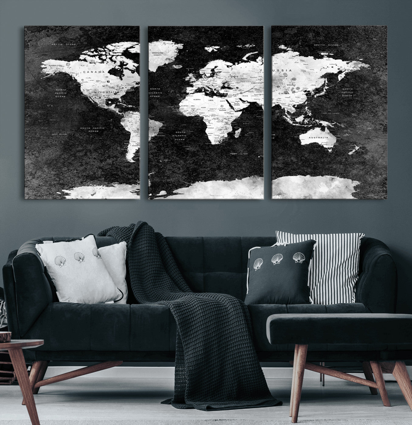 90682-MGV-CV-36X24-Black and White World Map Canvas Print – Framed Push Pin Wall Art for Couples, Modern Minimalist Travel Map for Elegant Home and Office Decor