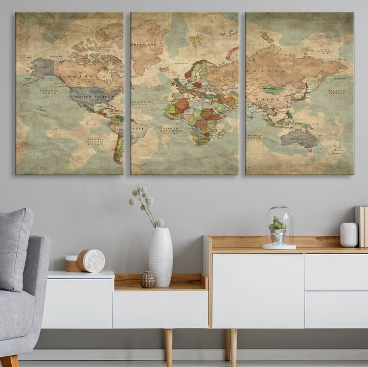 Vintage World Map Canvas Wall Art – Antique Triptych Map Print – Rustic Global Decor for Living Room or Office – Ready to Hang