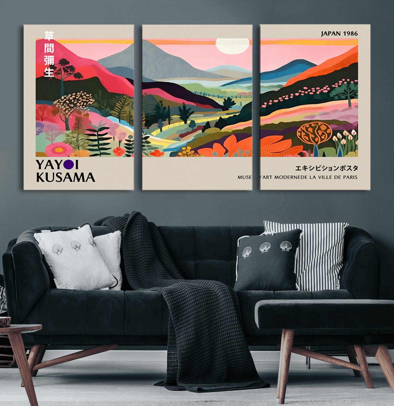 33411-MGV-CV-60X30-3P-Yayoi Kusama Japan 1986 Wall Art Canvas Print – Vibrant Wabi Sabi Japanese Abstract Landscape Artwork for Home, Office