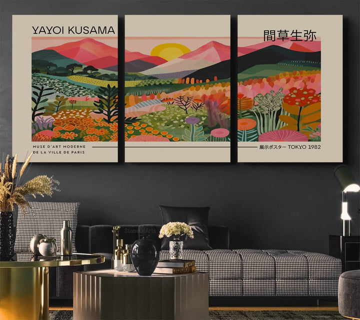 A vibrant abstract triptych features mountains, a sun, and plants in Yayoi Kusamas style with Japanese and French text included.