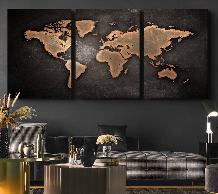 The Modern World Map on a metallic black canvas creates a striking effect.